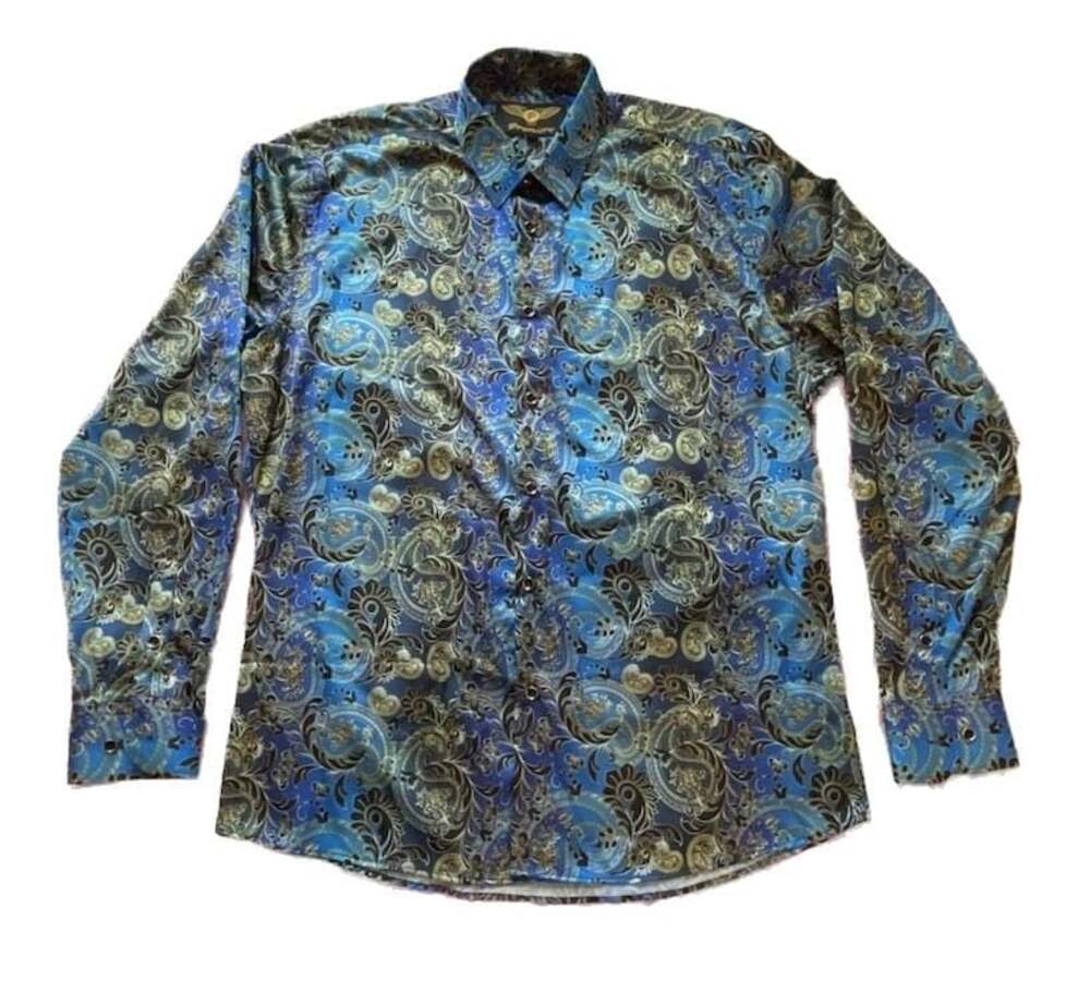 Paisley Print Silky Men's Long Sleeve Button-Down Dress Shirt in Blue and Gold